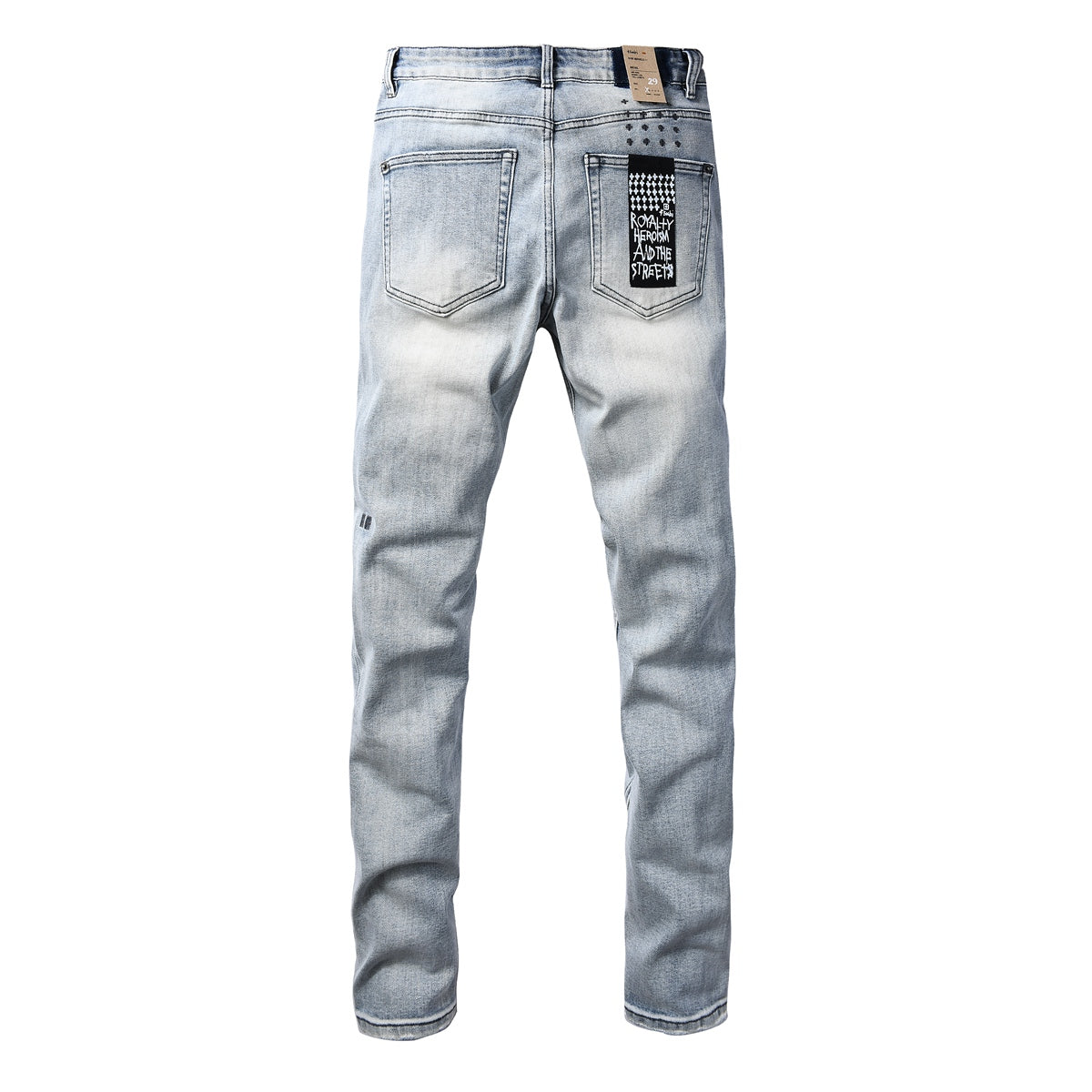 Men's Light Wash Distressed Jeans Slim Fit Denim Pants with Graphic Print Streetwear Style 3071