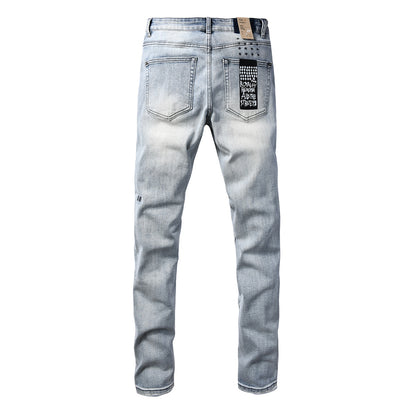 Men's Light Wash Distressed Jeans Slim Fit Denim Pants with Graphic Print Streetwear Style 3071