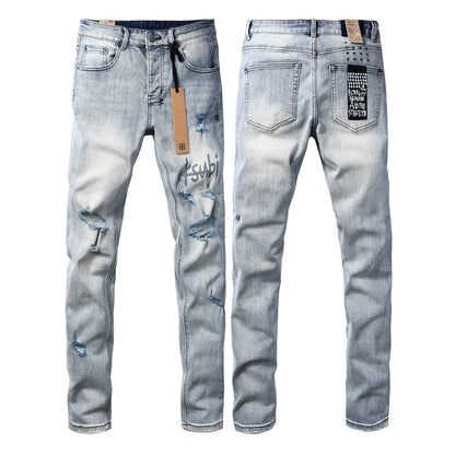 Men's Light Wash Distressed Jeans Slim Fit Denim Pants with Graphic Print Streetwear Style 3071