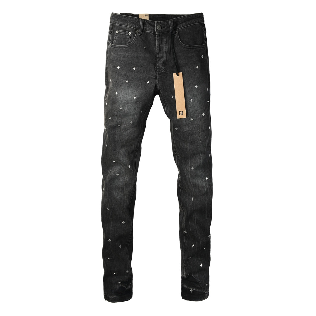 Washed Black Allover Cross Embroidered Slim Fit Denim Jeans 3073