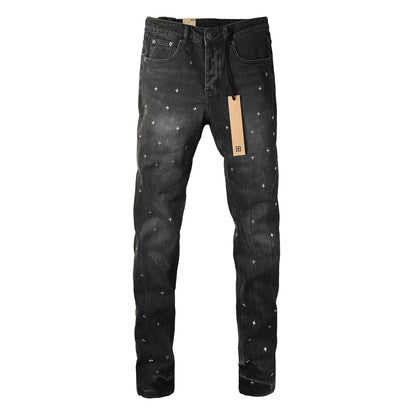 Washed Black Allover Cross Embroidered Slim Fit Denim Jeans 3073