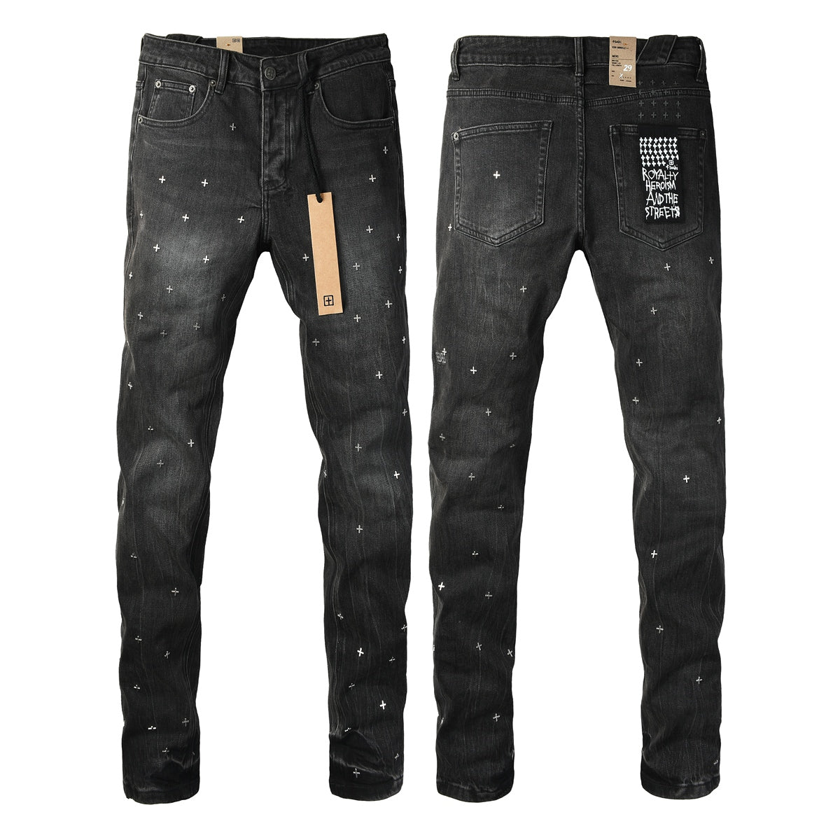Washed Black Allover Cross Embroidered Slim Fit Denim Jeans 3073