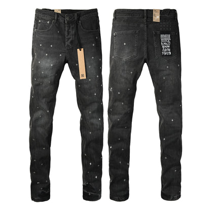 Washed Black Allover Cross Embroidered Slim Fit Denim Jeans 3073