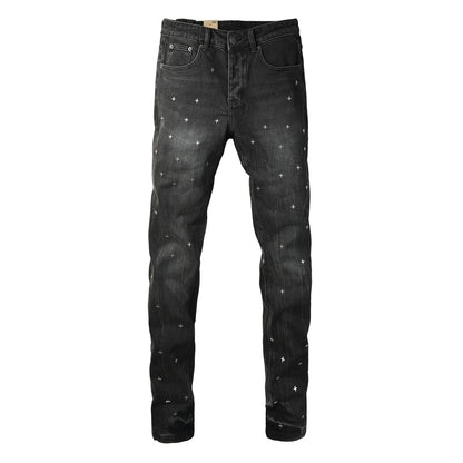 Washed Black Allover Cross Embroidered Slim Fit Denim Jeans 3073