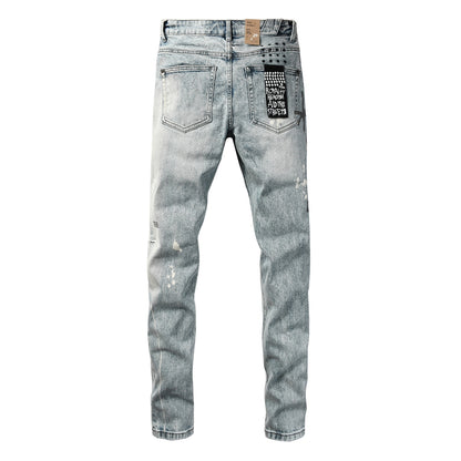 Light Blue Acid Wash Distressed Logo Graphic Slim Fit Jeans 3074