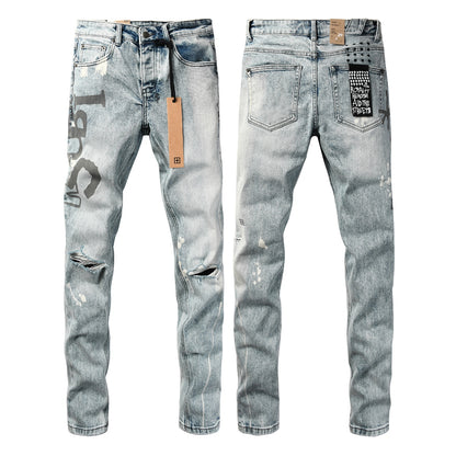 Light Blue Acid Wash Distressed Logo Graphic Slim Fit Jeans 3074