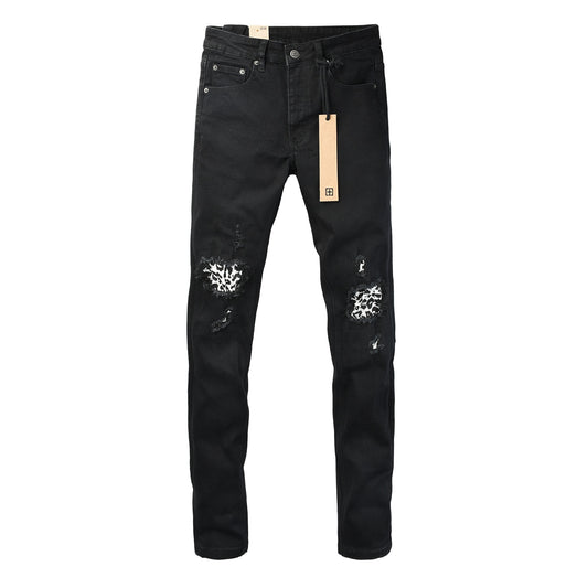 Black Distressed Leopard Print Patch Slim Fit Denim Jeans 3076