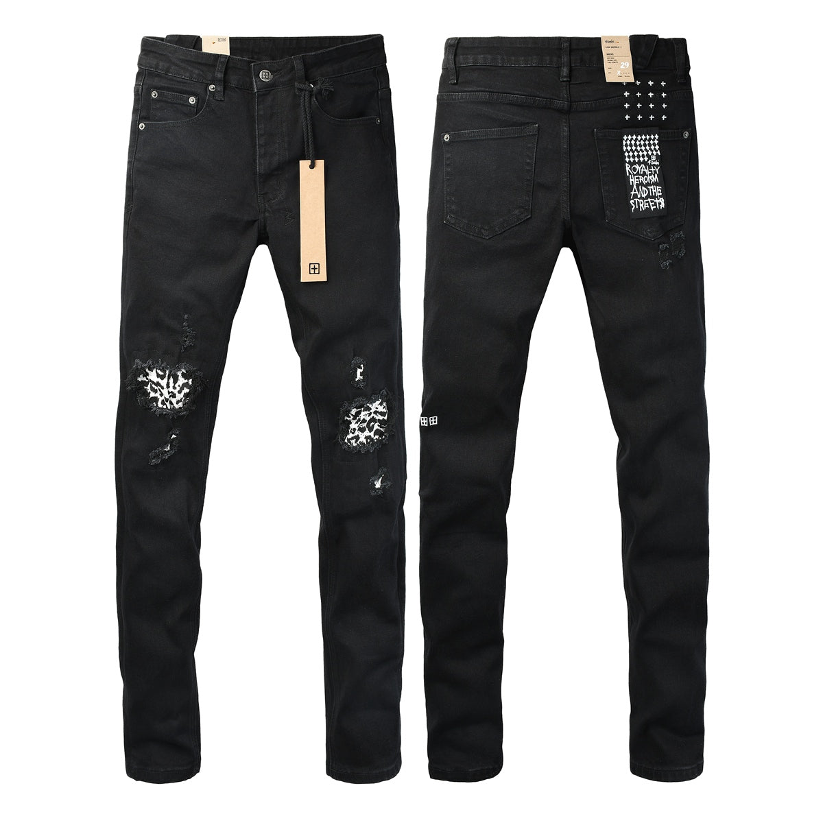 Black Distressed Leopard Print Patch Slim Fit Denim Jeans 3076