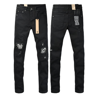 Black Distressed Leopard Print Patch Slim Fit Denim Jeans 3076