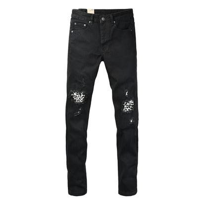 Black Distressed Leopard Print Patch Slim Fit Denim Jeans 3076