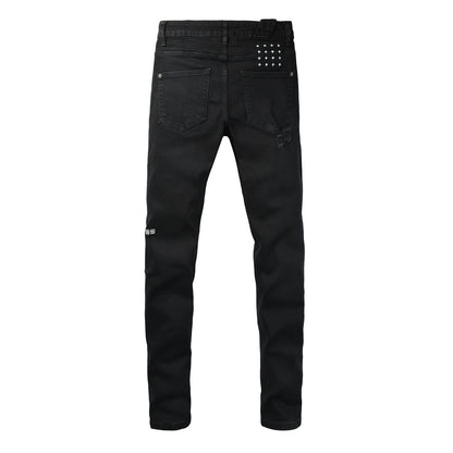 Black Distressed Leopard Print Patch Slim Fit Denim Jeans 3076