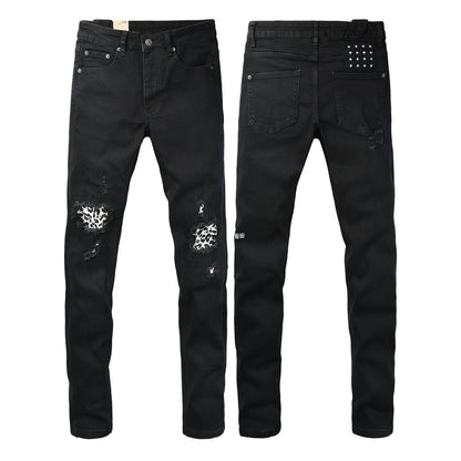 Black Distressed Leopard Print Patch Slim Fit Denim Jeans 3076