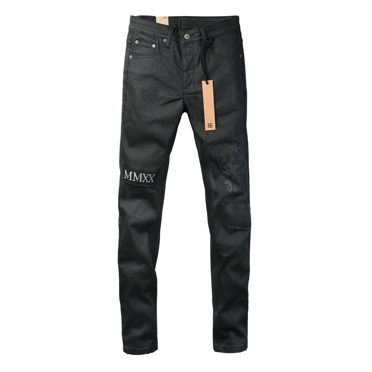 Washed Black MMXX Bandana Graphic Patchwork Slim Fit Jeans 3078