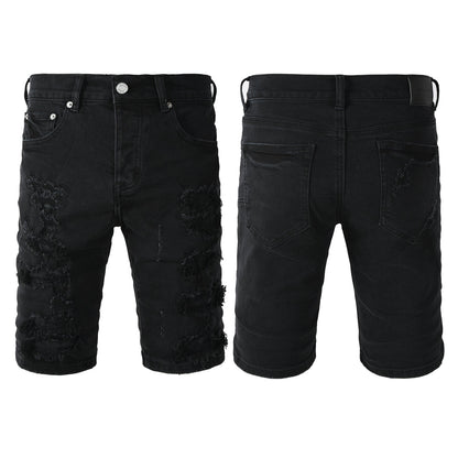 Pantalones cortos vaqueros negros desgastados con rotos y bordes sin rematar para hombre PU5108 