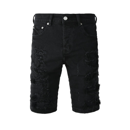Short en jean noir style streetwear pour homme, effet usé, avec déchirures importantes et bords bruts, PU5108 