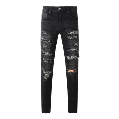 Jean noir moulant pour homme avec patchs cachemire et détails vieillis 669 