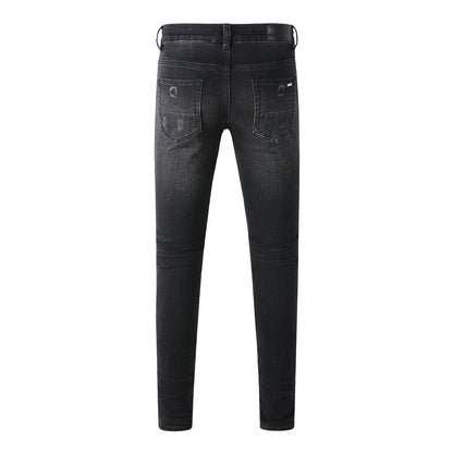 Jean noir moulant pour homme avec patchs cachemire et détails vieillis 669 