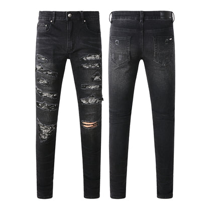 Jean noir moulant pour homme avec patchs cachemire et détails vieillis 669 