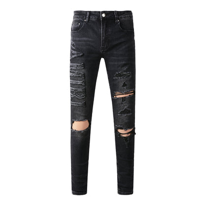 Men's Slim Fit Black Jeans 698 with Comfortable Stretch and Patchwork Details