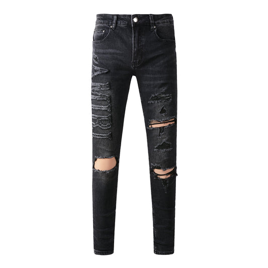 Men's Slim Fit Black Jeans 698 with Comfortable Stretch and Patchwork Details