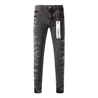 Mens Grey Slim Fit Washed Denim Jeans Unique Bleach Effect Streetwear Casual Pants 9056