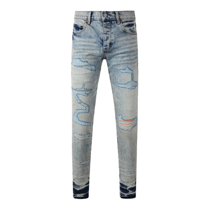 Jean skinny déchiré bleu clair pour homme, style streetwear, effet usé, 9093 