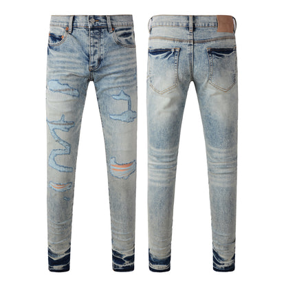 Jean skinny déchiré bleu clair pour homme, style streetwear, effet usé, 9093 