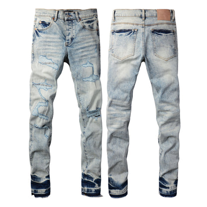 Jean skinny déchiré bleu clair pour homme, style streetwear, effet usé, 9093 