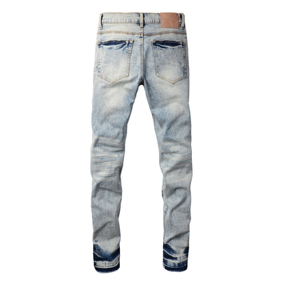 Jean skinny déchiré bleu clair pour homme, style streetwear, effet usé, 9093 