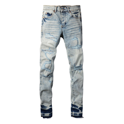 Jean skinny déchiré bleu clair pour homme, style streetwear, effet usé, 9093 