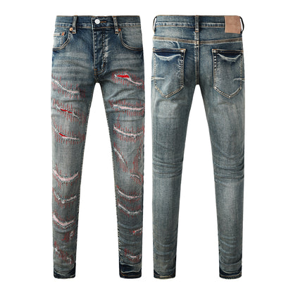 Vaqueros ajustados azul oscuro para hombre con detalles de patchwork rojo desgastado para un estilo urbano vanguardista 9114 