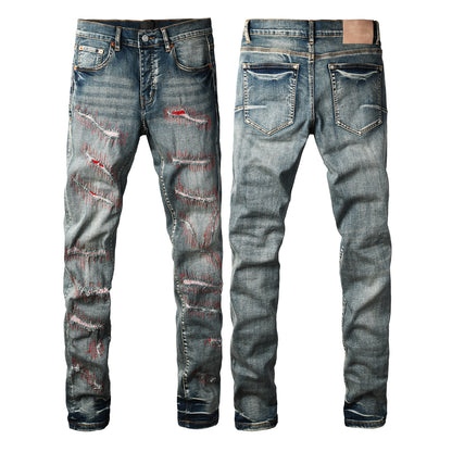 Vaqueros ajustados azul oscuro para hombre con detalles de patchwork rojo desgastado para un estilo urbano vanguardista 9114 