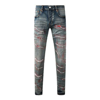 Vaqueros ajustados azul oscuro para hombre con detalles de patchwork rojo desgastado para un estilo urbano vanguardista 9114 