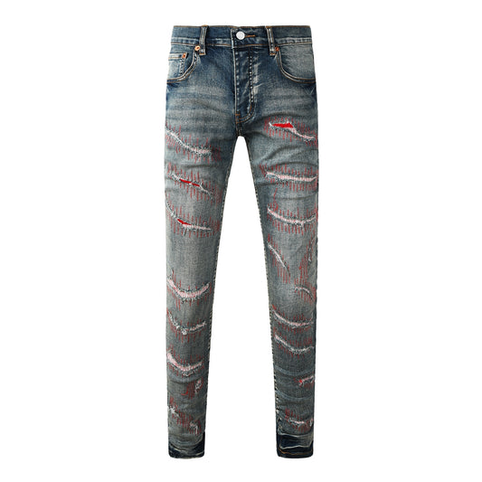 Vaqueros ajustados azul oscuro para hombre con detalles de patchwork rojo desgastado para un estilo urbano vanguardista 9114 
