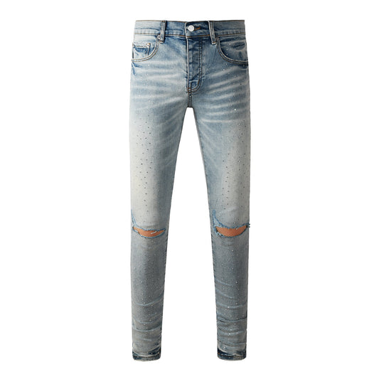 Men Streetwear Skinny Jeans Light Blue with Rhinestone Studs and Distressed Details PU9119