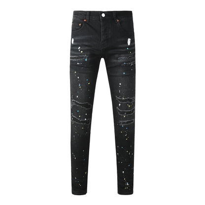 Vaqueros negros ajustados y rotos para hombre con efecto salpicado de pintura multicolor y detalles desgarrados 9121 