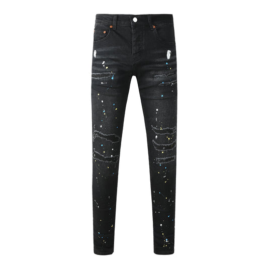 Vaqueros negros ajustados y rotos para hombre con efecto salpicado de pintura multicolor y detalles desgarrados 9121 