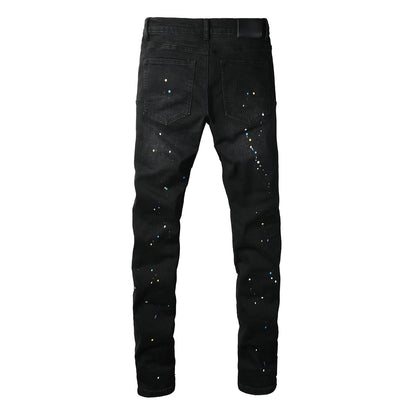 Vaqueros negros ajustados y rotos para hombre con efecto salpicado de pintura multicolor y detalles desgarrados 9121 
