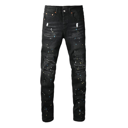 Vaqueros negros ajustados y rotos para hombre con efecto salpicado de pintura multicolor y detalles desgarrados 9121 