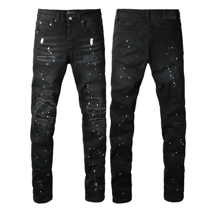 Vaqueros negros ajustados y rotos para hombre con efecto salpicado de pintura multicolor y detalles desgarrados 9121 