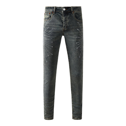Vaqueros de diseño para hombre, desgastados, denim gris oscuro con estampados de estrellas y cristales tachuelados, 9122 