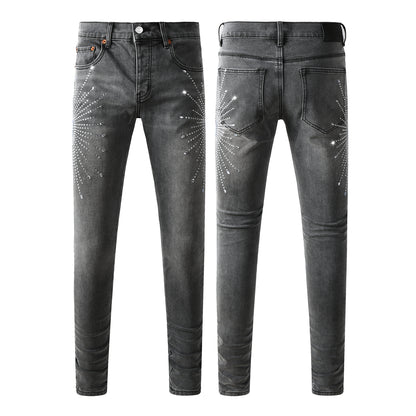 Vaqueros grises ajustados y modernos para hombre con estampado de estrellas de diamantes de imitación brillantes en la parte delantera y trasera 9123 