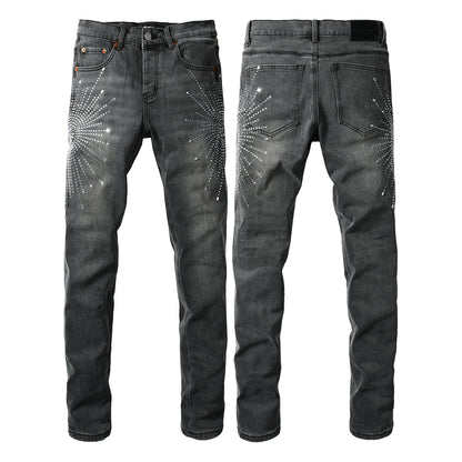 Vaqueros grises ajustados y modernos para hombre con estampado de estrellas de diamantes de imitación brillantes en la parte delantera y trasera 9123 