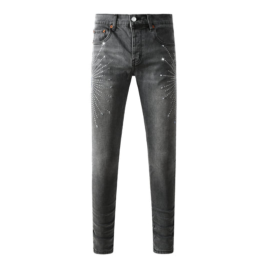Vaqueros grises ajustados y modernos para hombre con estampado de estrellas de diamantes de imitación brillantes en la parte delantera y trasera 9123 