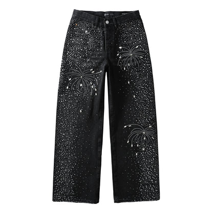 Vaqueros negros de diseño para hombre, de pierna recta, con un deslumbrante look inspirado en el cielo nocturno de los fuegos artificiales de cristal 9125 