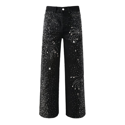 Vaqueros negros de diseño para hombre, de pierna recta, con un deslumbrante look inspirado en el cielo nocturno de los fuegos artificiales de cristal 9125 