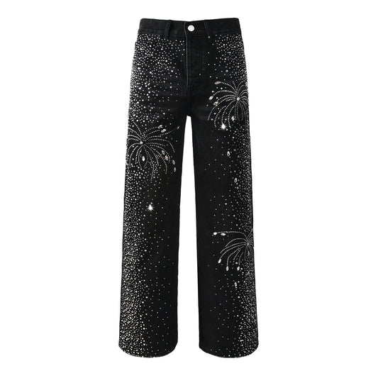 Vaqueros negros de diseño para hombre, de pierna recta, con un deslumbrante look inspirado en el cielo nocturno de los fuegos artificiales de cristal 9125 
