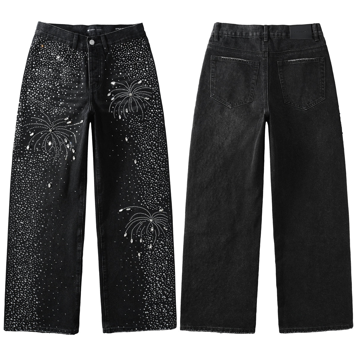 Vaqueros negros de diseño para hombre, de pierna recta, con un deslumbrante look inspirado en el cielo nocturno de los fuegos artificiales de cristal 9125 