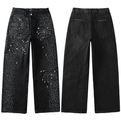 Vaqueros negros de diseño para hombre, de pierna recta, con un deslumbrante look inspirado en el cielo nocturno de los fuegos artificiales de cristal 9125 