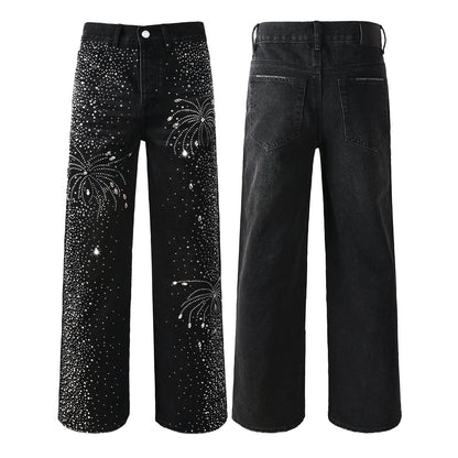 Vaqueros negros de diseño para hombre, de pierna recta, con un deslumbrante look inspirado en el cielo nocturno de los fuegos artificiales de cristal 9125 